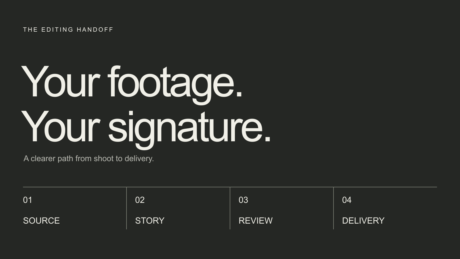 Editing handoff diagram: source material, story, review and delivery
